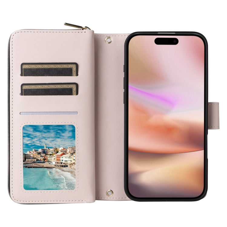 For iPhone 16 Plus Crossbody Rhombic Zipper Tower Buckle Leather Phone Case with Lanyard(Beige) by buy2fix