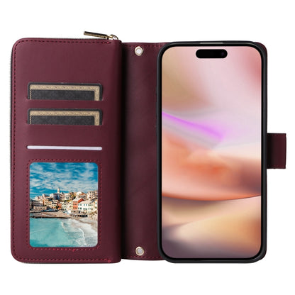 For iPhone 16 Plus Crossbody Rhombic Zipper Tower Buckle Leather Phone Case with Lanyard(Wine Red) - iPhone 16 Plus Cases by buy2fix | Online Shopping UK | buy2fix