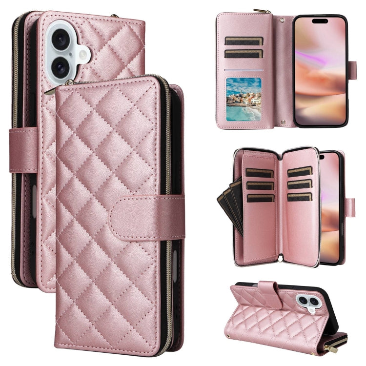 For iPhone 16 Plus Crossbody Rhombic Zipper Tower Buckle Leather Phone Case with Lanyard(Rose Gold) by buy2fix