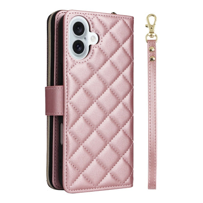 For iPhone 16 Plus Crossbody Rhombic Zipper Tower Buckle Leather Phone Case with Lanyard(Rose Gold) by buy2fix