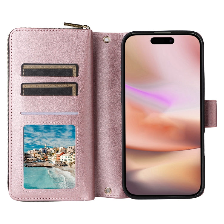 For iPhone 16 Plus Crossbody Rhombic Zipper Tower Buckle Leather Phone Case with Lanyard(Rose Gold) by buy2fix