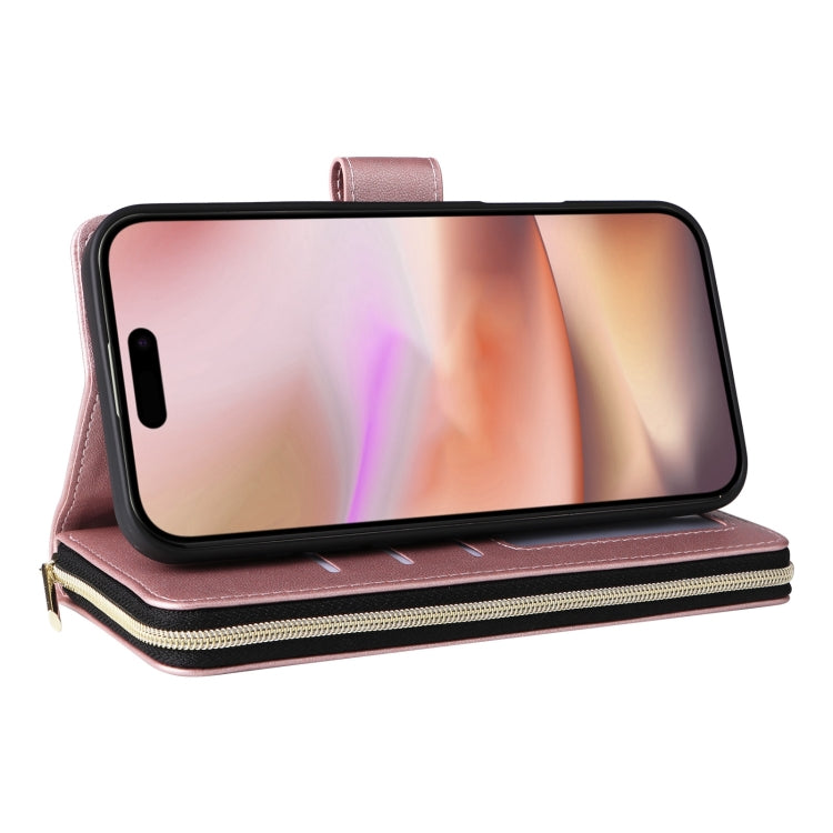 For iPhone 16 Plus Crossbody Rhombic Zipper Tower Buckle Leather Phone Case with Lanyard(Rose Gold) by buy2fix