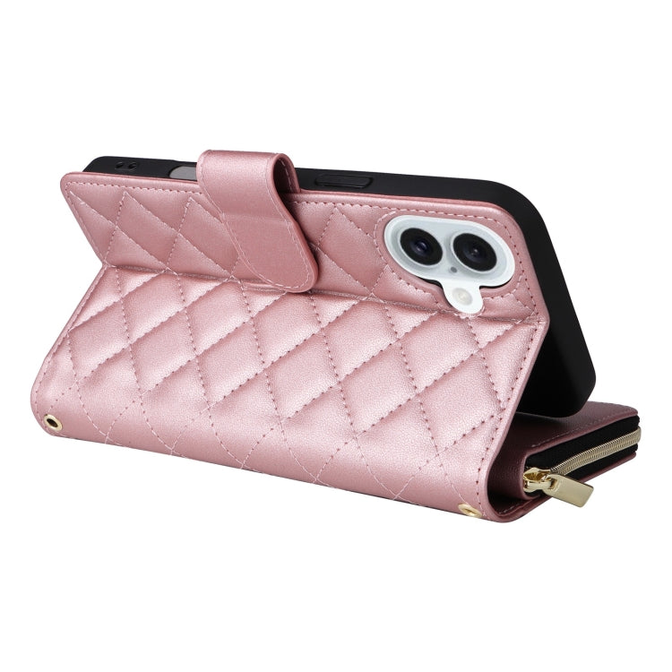 For iPhone 16 Plus Crossbody Rhombic Zipper Tower Buckle Leather Phone Case with Lanyard(Rose Gold) by buy2fix