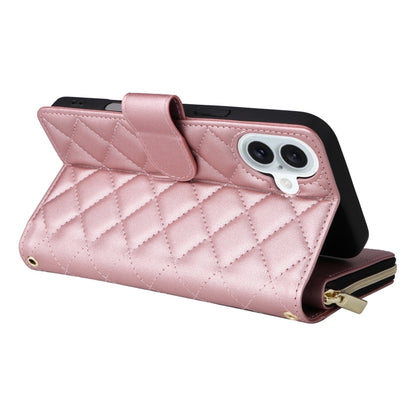 For iPhone 16 Plus Crossbody Rhombic Zipper Tower Buckle Leather Phone Case with Lanyard(Rose Gold) by buy2fix
