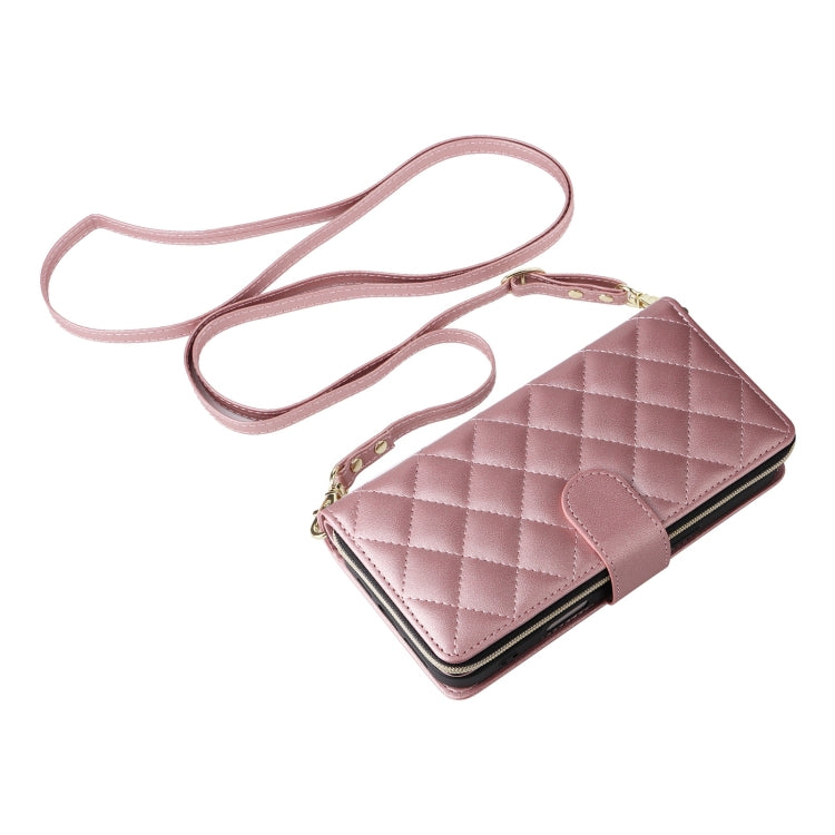 For iPhone 16 Plus Crossbody Rhombic Zipper Tower Buckle Leather Phone Case with Lanyard(Rose Gold) by buy2fix