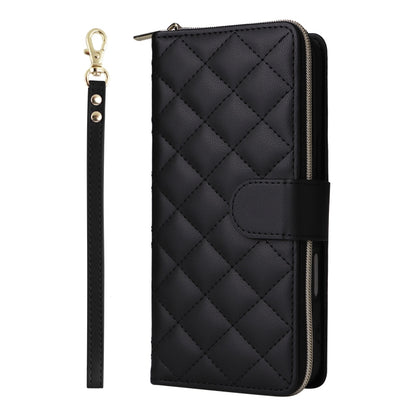 For iPhone 16 Plus Crossbody Rhombic Zipper Tower Buckle Leather Phone Case with Lanyard(Black) by buy2fix