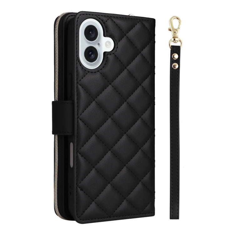 For iPhone 16 Plus Crossbody Rhombic Zipper Tower Buckle Leather Phone Case with Lanyard(Black) by buy2fix