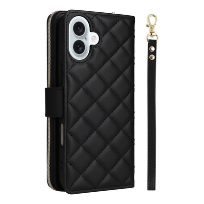 For iPhone 16 Plus Crossbody Rhombic Zipper Tower Buckle Leather Phone Case with Lanyard(Black) by buy2fix
