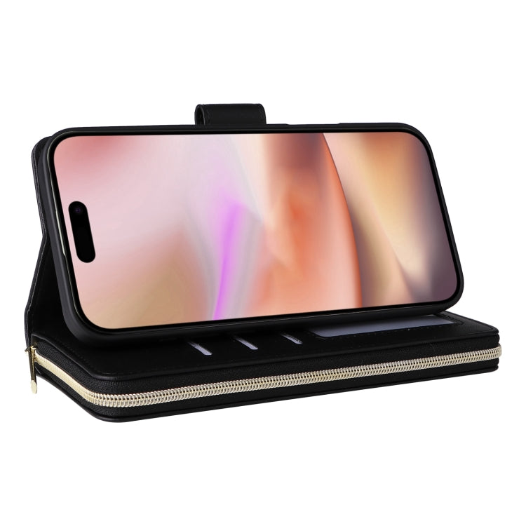 For iPhone 16 Plus Crossbody Rhombic Zipper Tower Buckle Leather Phone Case with Lanyard(Black) by buy2fix