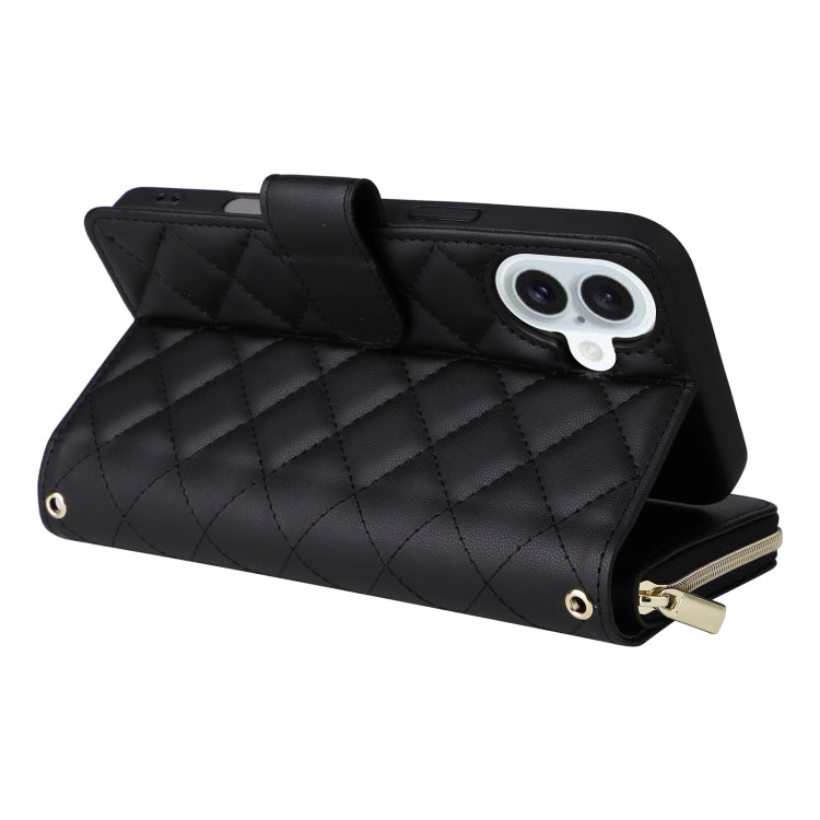 For iPhone 16 Plus Crossbody Rhombic Zipper Tower Buckle Leather Phone Case with Lanyard(Black) by buy2fix