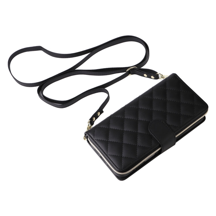 For iPhone 16 Plus Crossbody Rhombic Zipper Tower Buckle Leather Phone Case with Lanyard(Black) by buy2fix