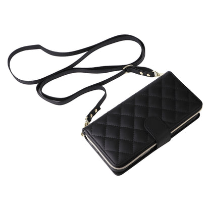 For iPhone 16 Plus Crossbody Rhombic Zipper Tower Buckle Leather Phone Case with Lanyard(Black) by buy2fix