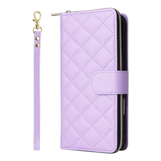 For iPhone 16 Crossbody Rhombic Zipper Tower Buckle Leather Phone Case with Lanyard(Purple) by buy2fix