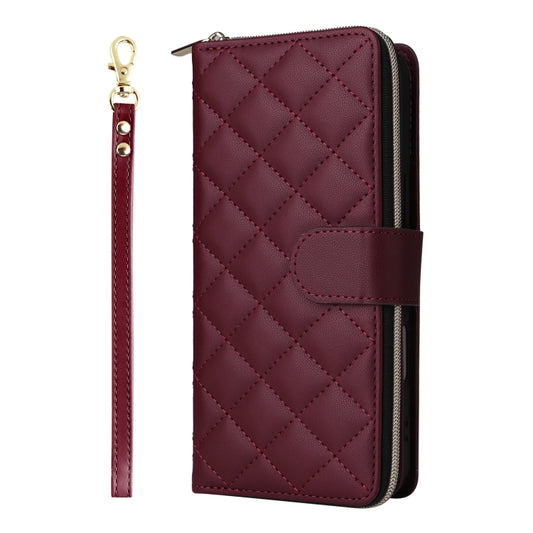 For iPhone 16 Crossbody Rhombic Zipper Tower Buckle Leather Phone Case with Lanyard(Wine Red) by buy2fix