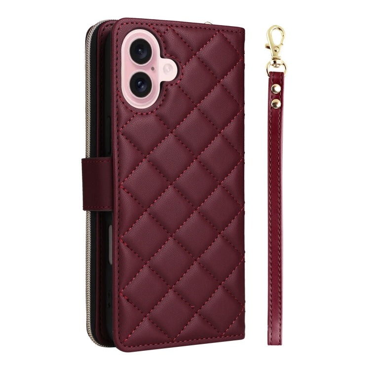 For iPhone 16 Crossbody Rhombic Zipper Tower Buckle Leather Phone Case with Lanyard(Wine Red) - iPhone 16 Cases by buy2fix | Online Shopping UK | buy2fix