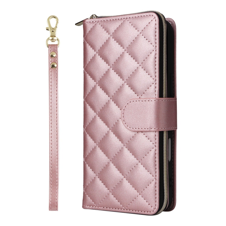 For iPhone 16 Crossbody Rhombic Zipper Tower Buckle Leather Phone Case with Lanyard(Rose Gold) - iPhone 16 Cases by buy2fix | Online Shopping UK | buy2fix