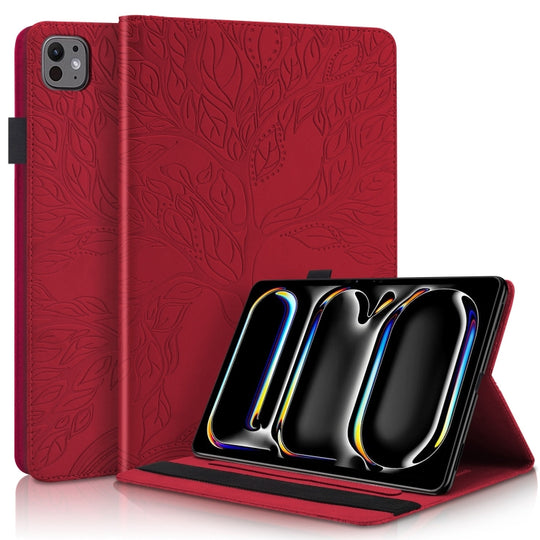 For iPad Pro 11  2025 / 2024 Tree Life Series Embossed Smart Leather Tablet Case(Red)