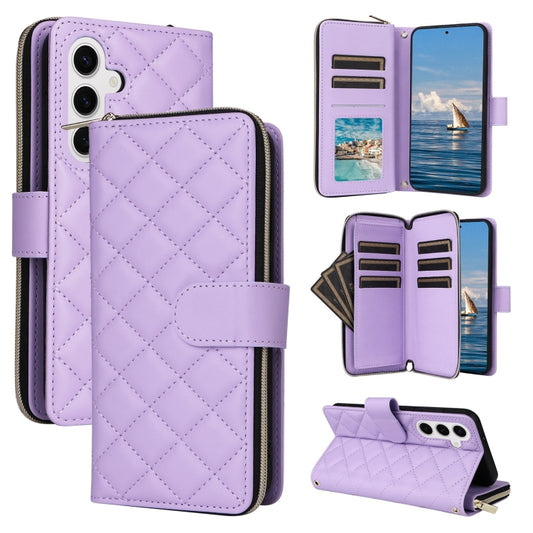 For Samsung Galaxy S25 5G Crossbody Rhombic Zipper Tower Buckle Leather Phone Case with Lanyard(Purple) by buy2fix
