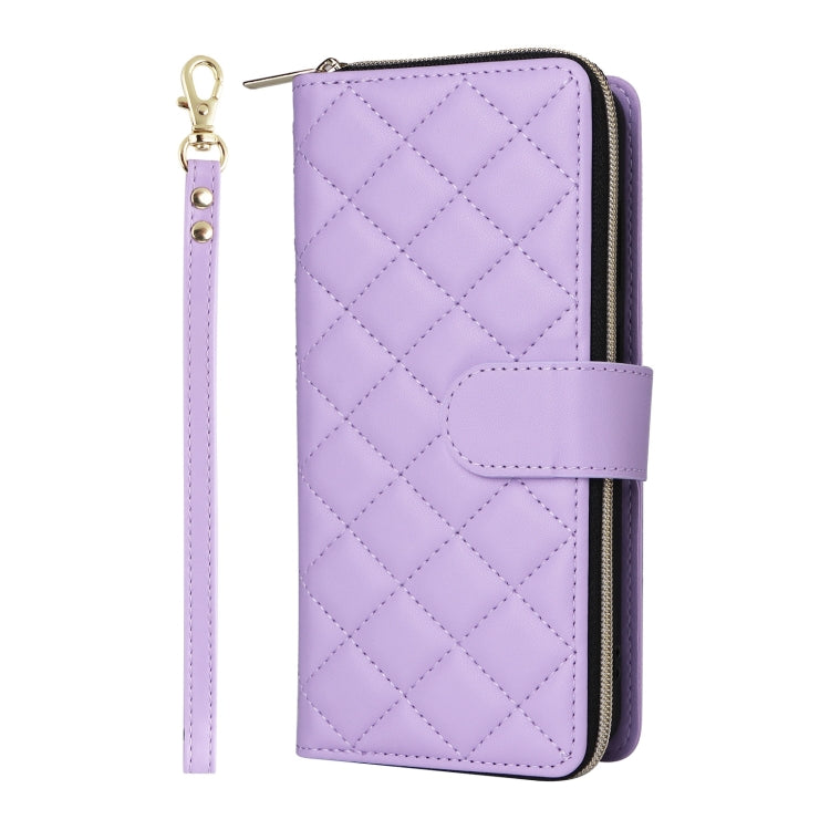 For Samsung Galaxy S25 5G Crossbody Rhombic Zipper Tower Buckle Leather Phone Case with Lanyard(Purple) by buy2fix