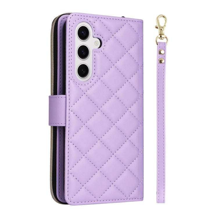 For Samsung Galaxy S25 5G Crossbody Rhombic Zipper Tower Buckle Leather Phone Case with Lanyard(Purple) by buy2fix