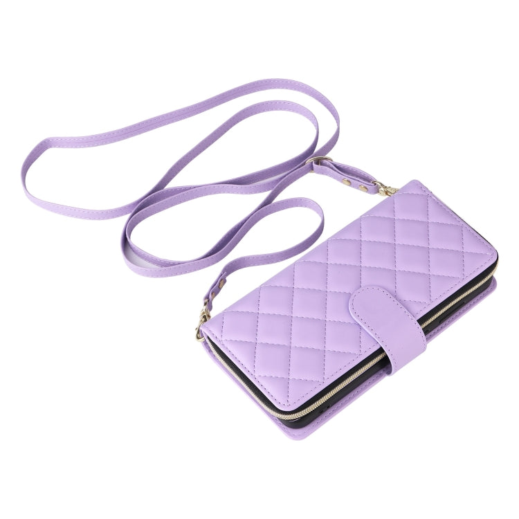 For Samsung Galaxy S25 5G Crossbody Rhombic Zipper Tower Buckle Leather Phone Case with Lanyard(Purple) by buy2fix
