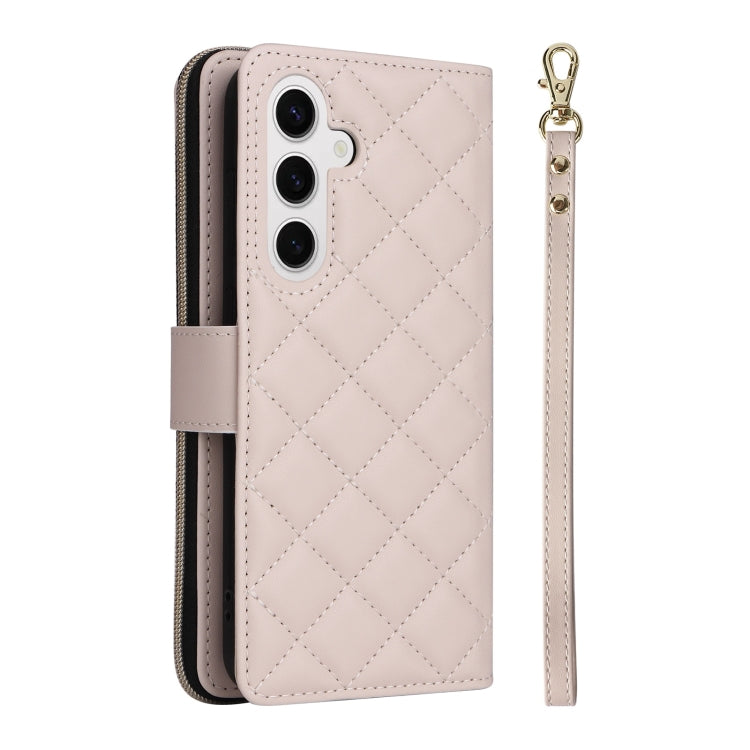 For Samsung Galaxy S25 5G Crossbody Rhombic Zipper Tower Buckle Leather Phone Case with Lanyard(Beige) by buy2fix