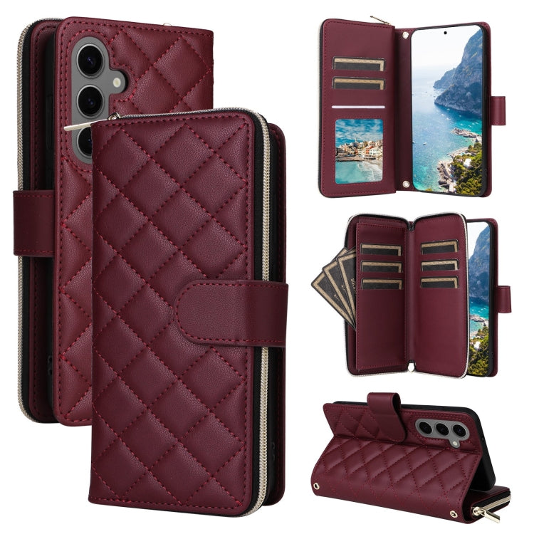 For Samsung Galaxy S25+ 5G Crossbody Rhombic Zipper Tower Buckle Leather Phone Case with Lanyard(Wine Red) by buy2fix