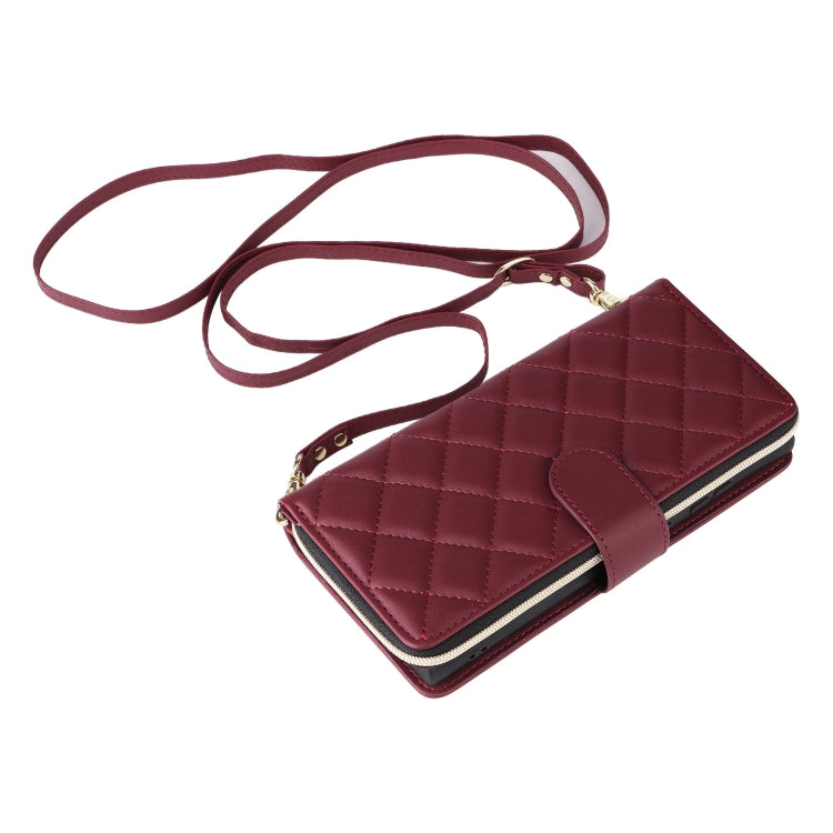 For Samsung Galaxy S25 Ultra 5G Crossbody Rhombic Zipper Tower Buckle Leather Phone Case with Lanyard(Wine Red) by buy2fix