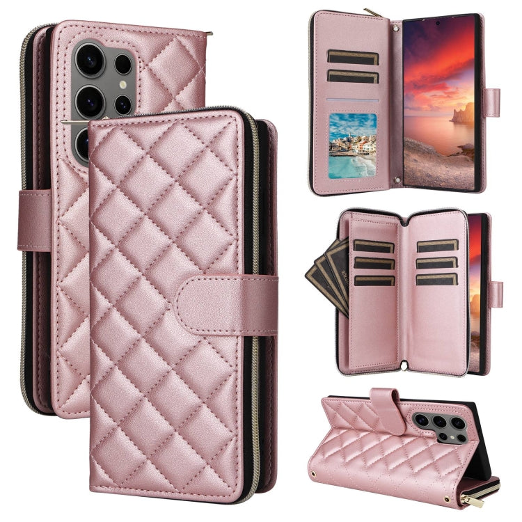 For Samsung Galaxy S25 Ultra 5G Crossbody Rhombic Zipper Tower Buckle Leather Phone Case with Lanyard(Rose Gold) by buy2fix