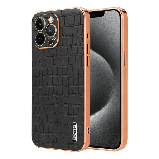 For iPhone 12 Pro AZNS Electroplated Frame Crocodile Texture Full Coverage Phone Case(Black)