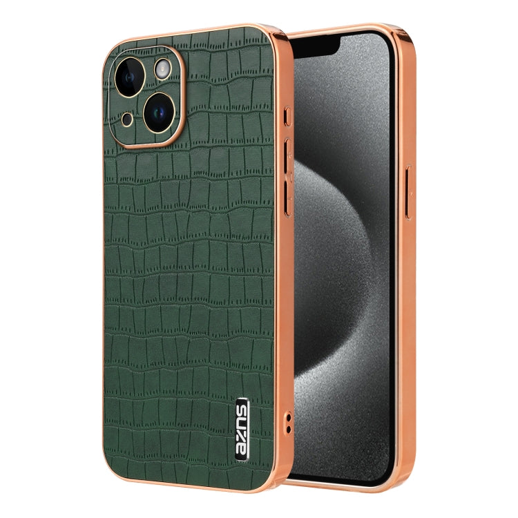 For iPhone 14 AZNS Electroplated Frame Crocodile Texture Full Coverage Phone Case(Green) - iPhone 14 Cases by AZNS | Online Shopping UK | buy2fix