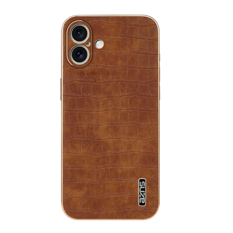 For iPhone 16 Plus AZNS Electroplated Frame Crocodile Texture Full Coverage Phone Case(Brown) - iPhone 16 Plus Cases by AZNS | Online Shopping UK | buy2fix