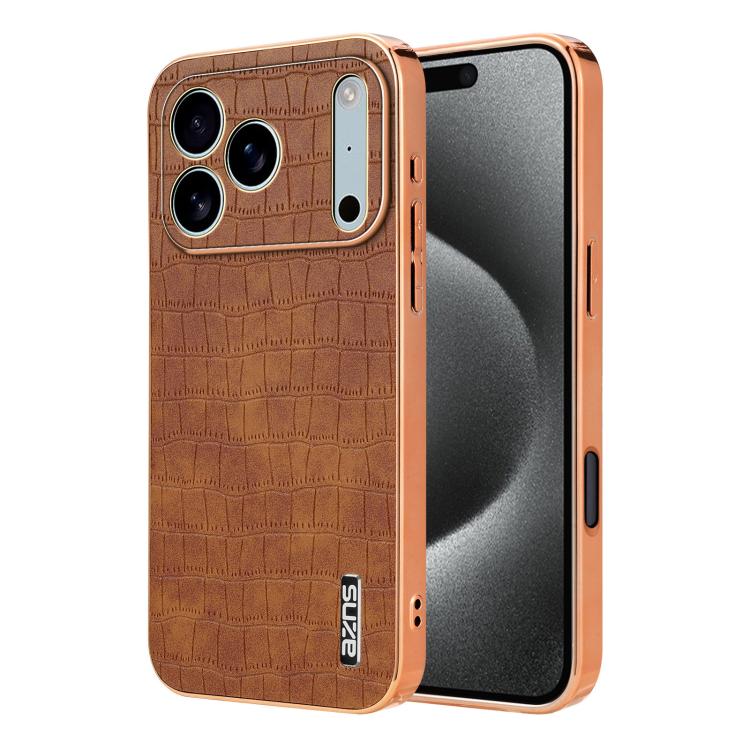 For iPhone 17 Pro AZNS Electroplated Frame Crocodile Texture Full Coverage Phone Case(Brown) - iPhone 17 Pro Cases by AZNS | Online Shopping UK | buy2fix