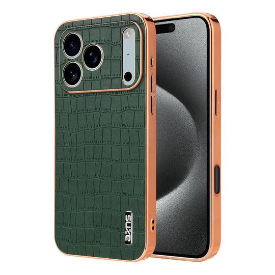 For iPhone 17 Pro Max AZNS Electroplated Frame Crocodile Texture Full Coverage Phone Case(Green)