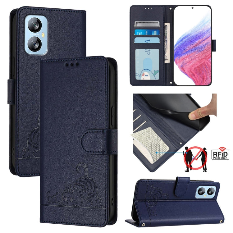 For Blackview A52 Cat Rat Embossed Pattern RFID Leather Phone Case with Lanyard(Blue) - More Brand by buy2fix | Online Shopping UK | buy2fix