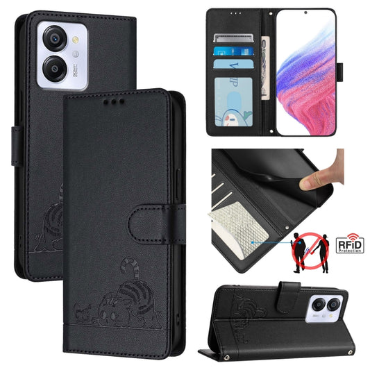 For Blackview Color 8 Cat Rat Embossed Pattern RFID Leather Phone Case with Lanyard(Black) - More Brand by buy2fix | Online Shopping UK | buy2fix