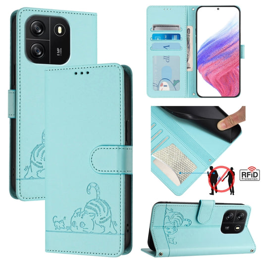 For Blackview Wave 6C Cat Rat Embossed Pattern RFID Leather Phone Case with Lanyard(Mint Green) - More Brand by buy2fix | Online Shopping UK | buy2fix