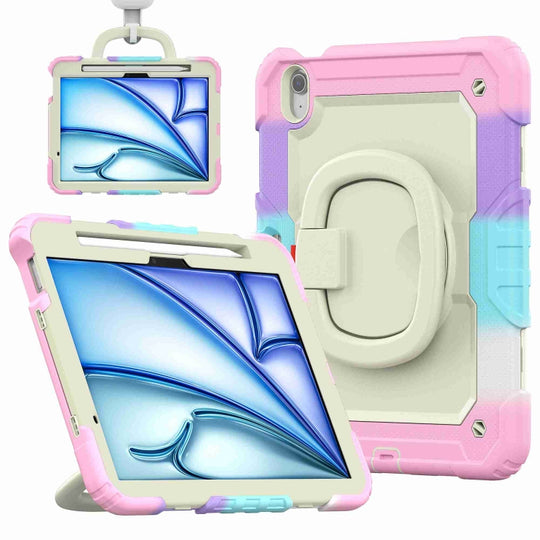 For iPad Air 11 2026 / 2025 / 2024 Handle Silicone Hydric PC Tablet Case with Shoulder Strap(Rainbow Pink)