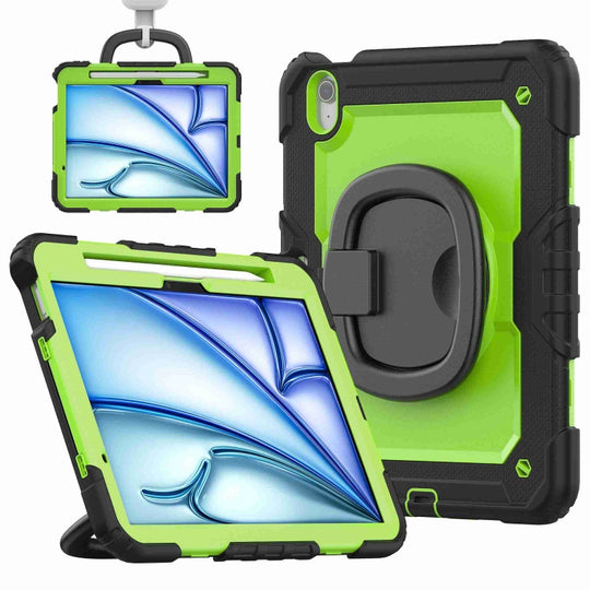 For iPad Air 11 2026 / 2025 / 2024 Handle Silicone Hydric PC Tablet Case with Shoulder Strap(Yellow Grenn PC)