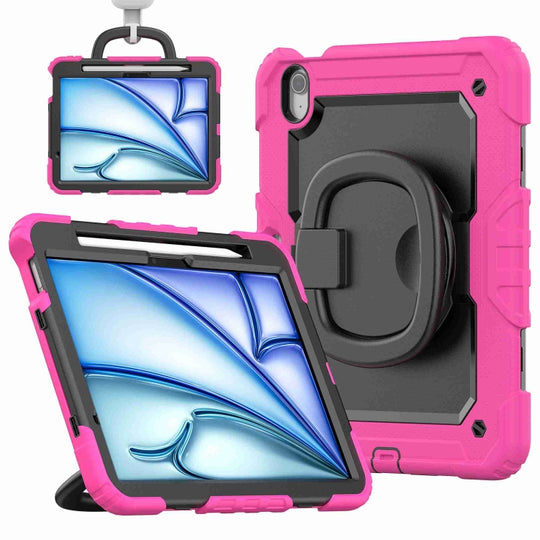 For iPad Air 11 2026 / 2025 / 2024 Handle Silicone Hydric PC Tablet Case with Shoulder Strap(Rose Red)