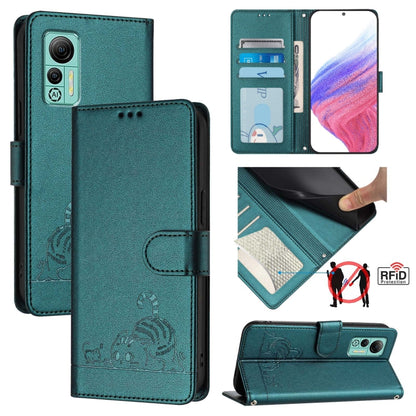 For Ulefone Note 14 Cat Rat Embossed Pattern RFID Leather Phone Case with Lanyard(Peacock Green) by buy2fix