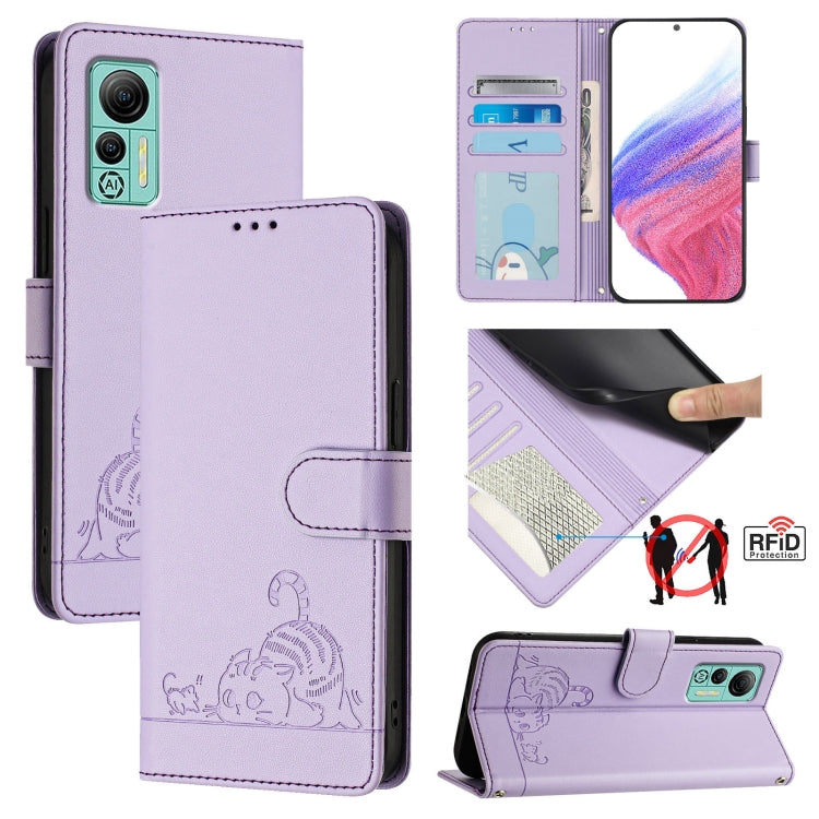 For Ulefone Note 14 Cat Rat Embossed Pattern RFID Leather Phone Case with Lanyard(Purple) by buy2fix