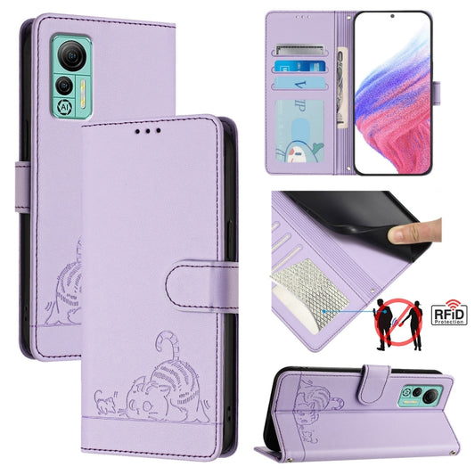 For Ulefone Note 14 Cat Rat Embossed Pattern RFID Leather Phone Case with Lanyard(Purple) by buy2fix