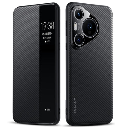 For Huawei Pura 70 SULADA Kevlar 600D Texture Smart Window Leather Phone Case(Black) - Huawei Cases by SULADA | Online Shopping UK | buy2fix