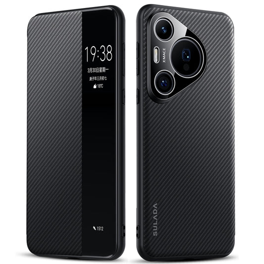 For Huawei Pura 70 SULADA Kevlar 600D Texture Smart Window Leather Phone Case(Black) - Huawei Cases by SULADA | Online Shopping UK | buy2fix