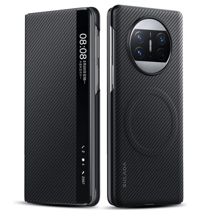 For Huawei Mate X3 SULADA Kevlar 600D Texture Smart Window Leather Phone Case(Black) - Huawei Cases by SULADA | Online Shopping UK | buy2fix
