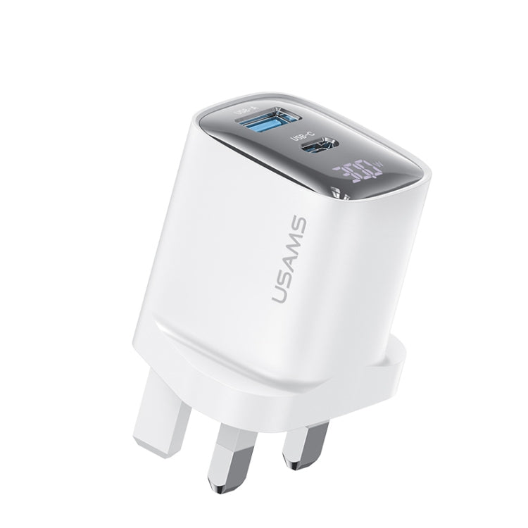 USAMS CC231 30W USB+USB-C / Type-C Dual Port GaN Digital Display Charger, Specifications: UK Plug(White) - USB Charger by USAMS | Online Shopping UK | buy2fix