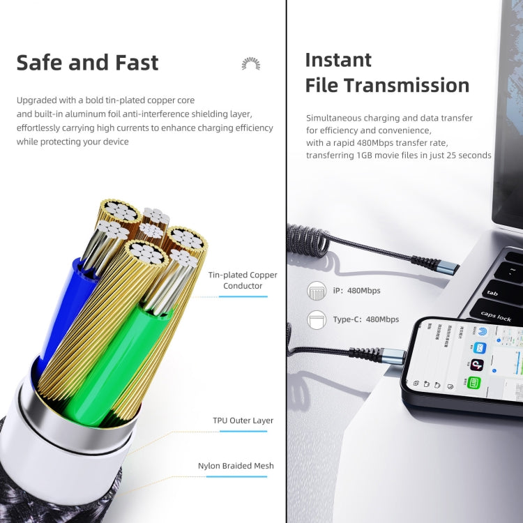 ROCK RCB0877 PD 60W USB-C / Type-C to USB-C / Type-C Spring Coil Fast Charge Data Cable, Length:1.5m - USB-C & Type-C Cable by ROCK | Online Shopping UK | buy2fix