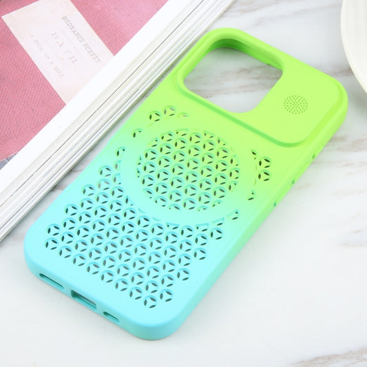 For iPhone 16 Pro Gradient Color Honeycomb Aromatherapy MagSafe Phone Case(Green Blue) by buy2fix