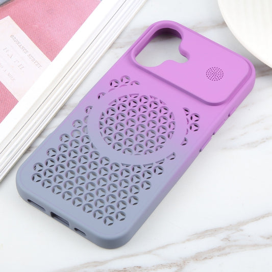 For iPhone 16 Gradient Color Honeycomb Aromatherapy MagSafe Phone Case(Purple Grey) by buy2fix